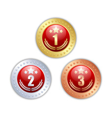 Golden, silver and bronze quality badges or medals with numbers, placed on white background
