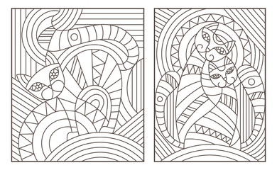 Fototapeta na wymiar Set of outline illustrations in the style of stained glass with abstract cats
