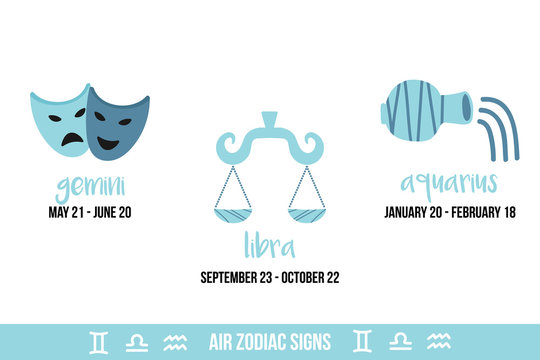 Hand drawn, doodle vector illustrations of air zodiac signs. Gemini, libra, aquarius icons isolated on white background.