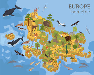 Isometric 3d European flora and fauna map constructor elements. Animals, birds and sea life isolated on white big set. Build your own geography infographics collection