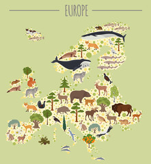 Fototapeta na wymiar Flat European flora and fauna map constructor elements. Animals, birds and sea life isolated on white big set. Build your own geography infographics collection