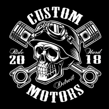 Biker skull with crossed pistons t-shirt design (monochrome version)