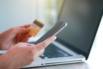 mobile shopping concept - checking out in virtual shop on phone