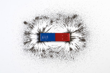 Red and blue bar magnet or physics magnetic with iron powder magnetic field on white background. Scientific experiment in science class in school. - obrazy, fototapety, plakaty