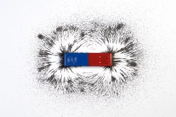 Foto op Canvas Red and blue bar magnet or physics magnetic with iron powder magnetic field on white background. Scientific experiment in science class in school. © wittayayut