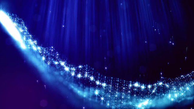 loopable abstract particle background with depth of field, glow sparkles of lights and digital elements. Wave blue particles form lines and lines form curve surface like in outer space. V 2