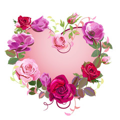 Naklejka premium Heart of flowers. Valentine's Day card. Red, pink roses, purple anemones, green twigs, buds, leaves on white background. Digital draw, concept for design in watercolor style, vector
