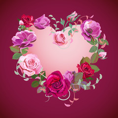 Heart of flowers. Valentine's Day card. Red, pink roses, purple anemones, green twigs, buds, leaves on burgundy background. Digital draw, concept for design in watercolor style, vector