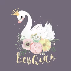 Foto op Plexiglas Meisjeskamer Mooie witte romantische dromende zwaanprinses met kroon en bloemenboeket en Be The Queen-belettering