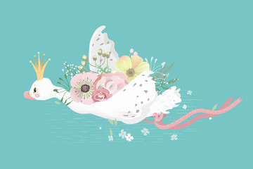 Cute flying white swan princess (bird, goose, duck) with flowers bouquet, pink tied bow and golden crown © creationsofanna