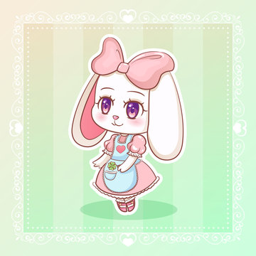 Sweet rabbit Little cute kawaii anime cartoon bunny girl in dress with pink ribbon.