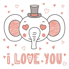 Foto op Canvas Hand drawn vector portrait of a cute funny elephant with heart shaped eyes, romantic quote. Isolated objects on white background. Vector illustration. Design concept for children, Valentines day card. © Maria Skrigan