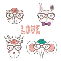 Zelfklevend Fotobehang Set of hand drawn portraits of cute funny animals in heart shaped glasses, with romantic quotes. Isolated objects on white background. Vector illustration. Design concept children, Valentines day card © Maria Skrigan