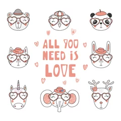Gordijnen Set of hand drawn portraits of cute funny animals in heart shaped glasses, with romantic quotes. Isolated objects on white background. Vector illustration. Design concept children, Valentines day card © Maria Skrigan