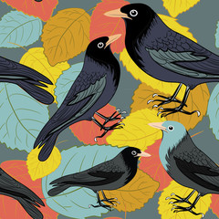Black birds on the colorful autumn leaves. Seamless pattern. Vector illustration on grey background