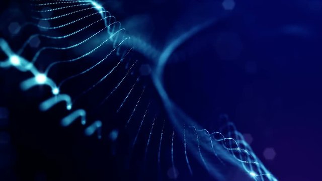 loopable abstract particle background with depth of field, glow sparkles of lights and digital elements. Wave blue particles form lines and lines form curve surface like in the microcosm . V1
