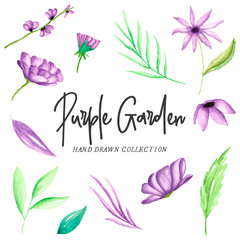 Purple watercolor botanical elements, flowers, leaves and branches hand drawn. Watercolor illustration hand drawn.