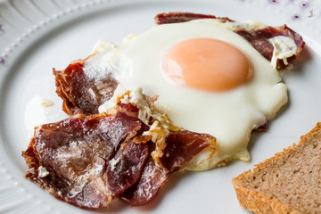 Turkish Breakfast Fried Egg with Pastirma or Pastrami.