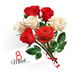 8 March Women's Day greeting card template. Realistic red and white roses isolated on white background.