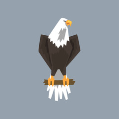 North American Bald Eagle character sitting on a branch of tree, symbol of freedom and independence vector illustration