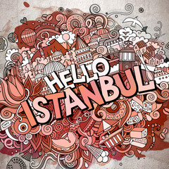 Cartoon cute doodles hand drawn Hello Istanbul inscription