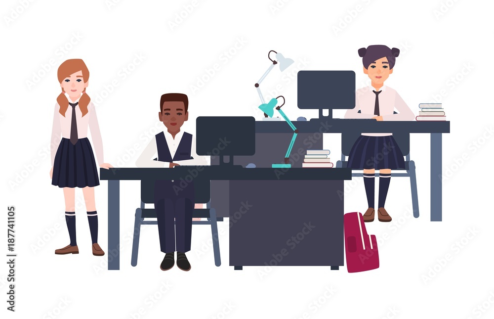 Poster children dressed in school uniform sitting at desks with computers and standing beside it on white b