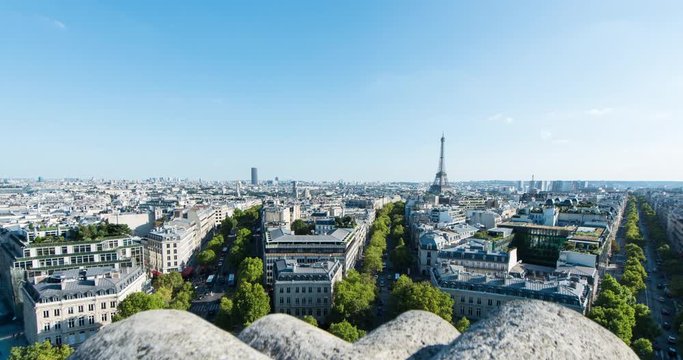 PARIS, FRANCE  &ndash; SEPTEMBER 2016 : Timelapse over central Paris on a beautiful day with Eiffel Tower and cityscape in view
