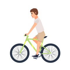 Man or boy dressed in casual clothing riding bike. Flat male cartoon character wearing t-shirt and shorts on bicycle. Pedaling cyclist isolated on white background. Colorful vector illustration.
