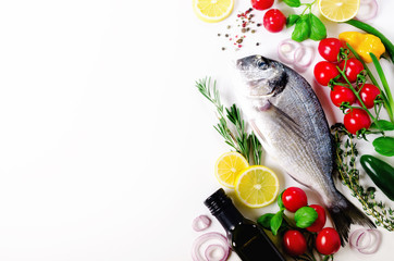 Uncooked fish on dark vintage background. Free space for your text. Copy space