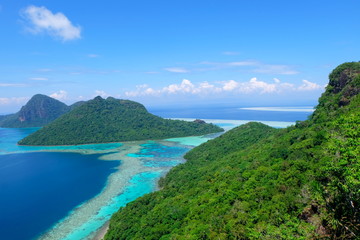 The majestic view of corals reef and islands seen from the top of mountain at Bohey Dulang Island, Sabah, Malaysia.