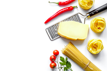 ingredients for cooking paste white background top view mock up