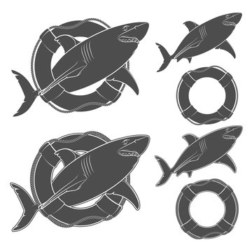Set of black and white illustrations shark in the lifeline. Isolated vector objects on white background.
