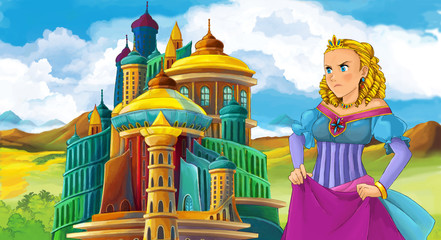 cartoon fairy tale scene with beautiful girl - standing in front of a castle - illustration for children