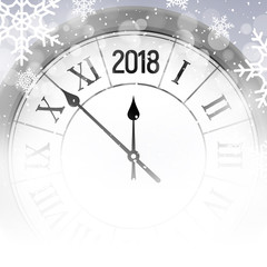 Obraz na płótnie Canvas 2018 new year shining snow background with clock. Happy new year 2018 celebration decoration poster, festive card template