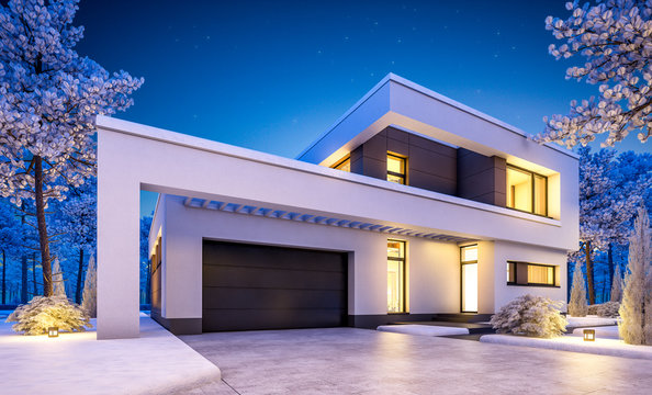 3d rendering of modern winter house at night