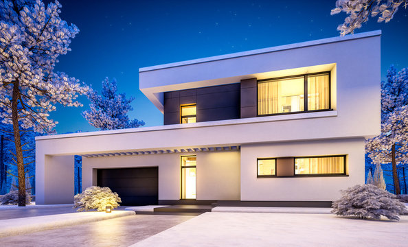 3d rendering of modern winter house at night