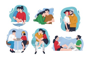 Collection of portraits of happy couples in love inside colorful blots. Lovers in various situations - hugging, sitting at table, drinking coffee. Cute flat cartoon characters. Vector illustration.