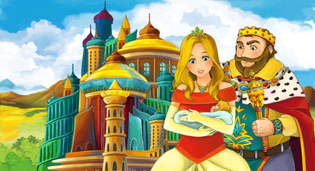 cartoon scene with young married couple near beautiful castle illustration for children