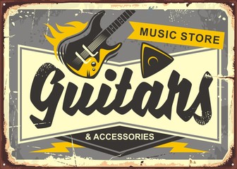 Guitar store retro advertisement sign board with electric guitar, guitar pick and creative typo