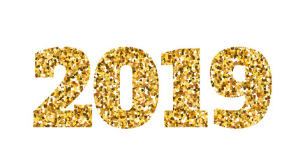 Happy new 2019 year. Gold glitter particles. Shine gloss brilliance sparkles sign. Holidays vector design element for calendar, party invitation, card, poster, banner, web.