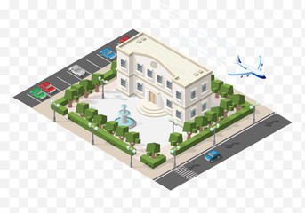 Isometric High Quality City Element with 45 Degrees Shadows on Transparent Background . School