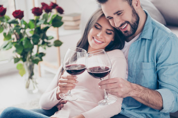 Concept of spending holidays weekends together. Cropped close up photo of attractive excited peaceful cheerful woman and bearded dressed in casual clothes man are clinking and saying toasts