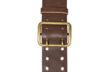 Brown leather belt with metal buckle closeup