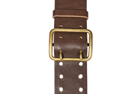 Brown Leather Belt With Metal Buckle Closeup