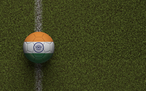 India flag football on a green soccer pitch. 3D Rendering