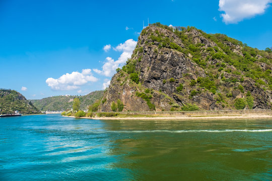 The Lorelei (Loreley) on the right bank of the River Rhine in the Rhine Gorge ( Middle Rhine) at Sankt Goarshausen in Germany.