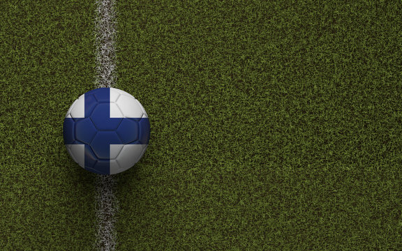 Finland flag football on a green soccer pitch. 3D Rendering
