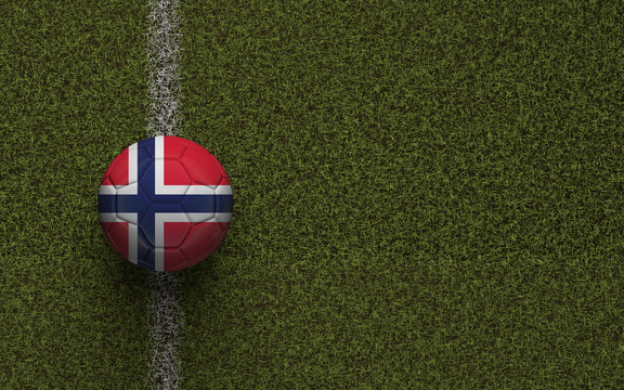 Norway flag football on a green soccer pitch. 3D Rendering