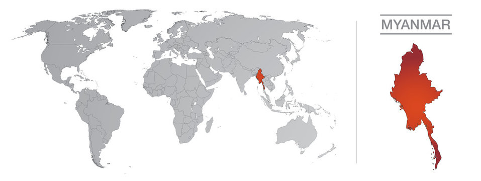 Myanmar dans le monde, avec frontières et tous les pays du monde séparés 