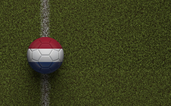 Netherlands flag football on a green soccer pitch. 3D Rendering